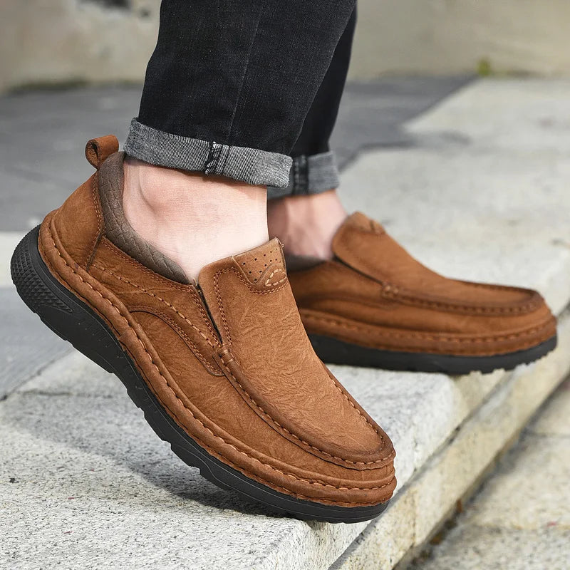 Genuine Leather Mens Loafers Anti-slip Rubber Man Casual Shoes Vintage Style Walk Shoes Slip-On Hiking Footwear Luxury Moccasins - Sun Studio