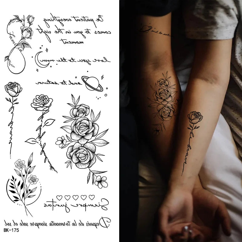 Black White Temporary Transfer Tattoos Floral Butterfly Lettering Line Art Waterproof Body Stickers for Music Festival Party