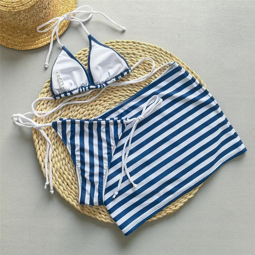 Blue Striped Print String Halter Micro Bikini Thong Sexy Swimsuit Cover Ups Women Holiday Swimwear Beach Wear Bikinis Sets 2026 - Sun Studio