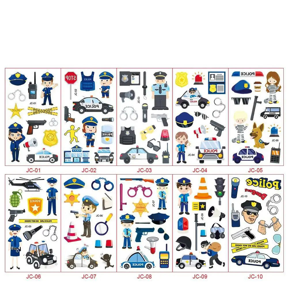 10pcs Cartoon Fire Truck Garbage Truck Temporary Tattoos Sticker Police Tattoos For Girls Boys Birthday Party Supplies Stickers - Sun Studio