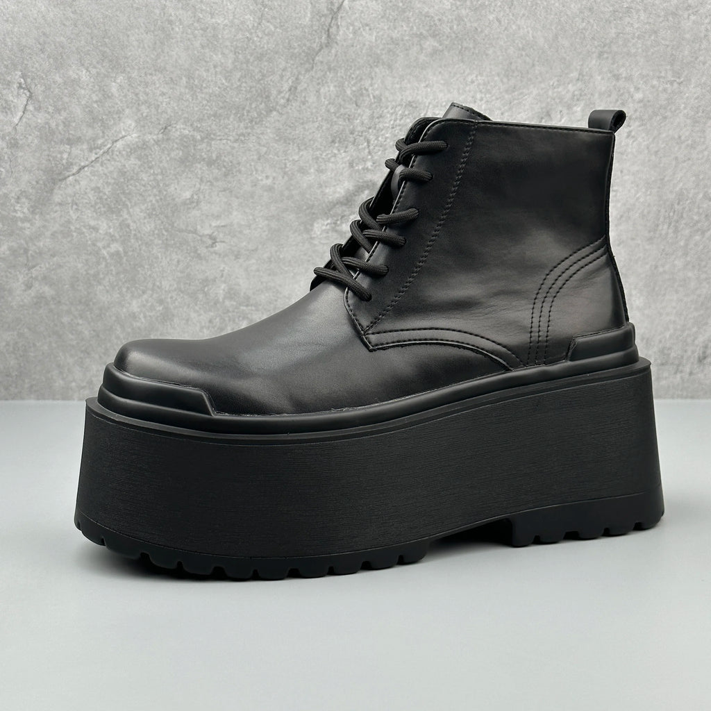 Men's Motorcycle Boots Platform Leather Luxury Height Increase 8cm Sneakers Lace Up Autumn Black Designer Shoes - Sun Studio
