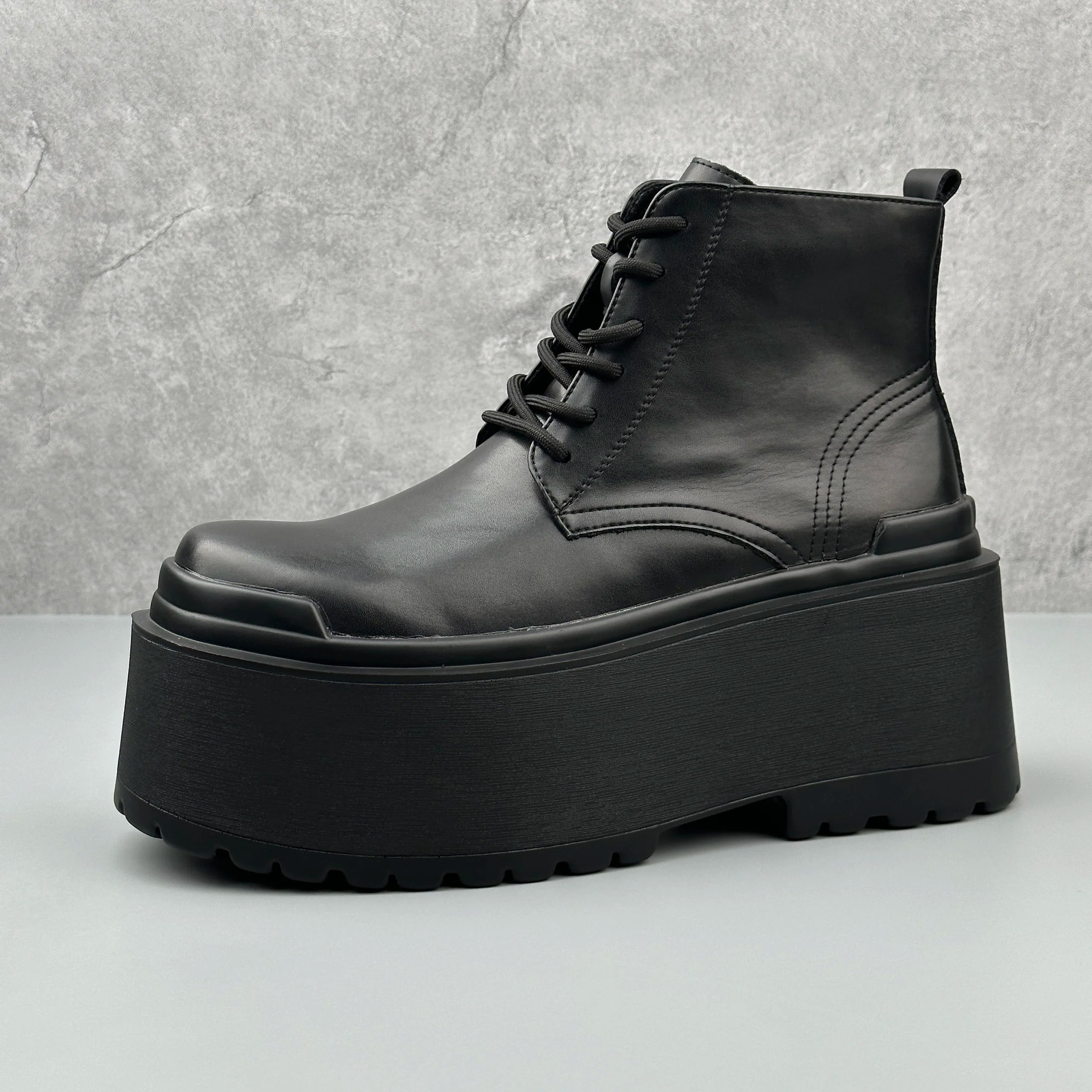 Men's Motorcycle Boots Platform Leather Luxury Height Increase 8cm Sneakers Lace Up Autumn Black Designer Shoes - Sun Studio