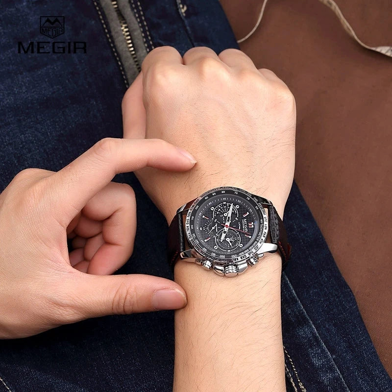 MEGIR Fashion Man's Quartz Analog Wristwatch Brand Waterproof Luxury Leather Watches for Men Casual Black Watch Male 1010 - Sun Studio