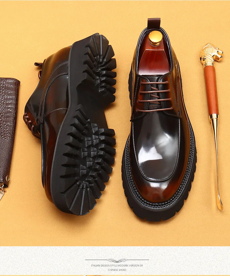 designer men's leather shoes with thick soles round toe glossy leather business dress shoes Waxed cowhide lace up British shoes - Sun Studio