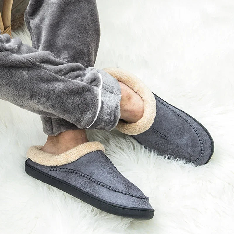 Men Slippers Black New Winter Suede Slippers Warm Indoor Slipper Waterproof Home House Shoes Men Warm Velvet Fur Knitting Shoes - Sun Studio