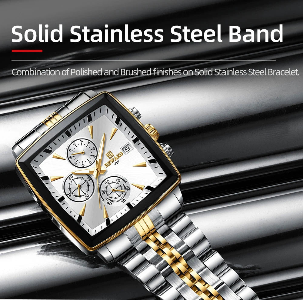 REWARD Fashion Square Dial Watch for Men Stainless Steel Waterproof Quartz Chronograph Mens Watches Luxury Sport Male Clock - Sun Studio