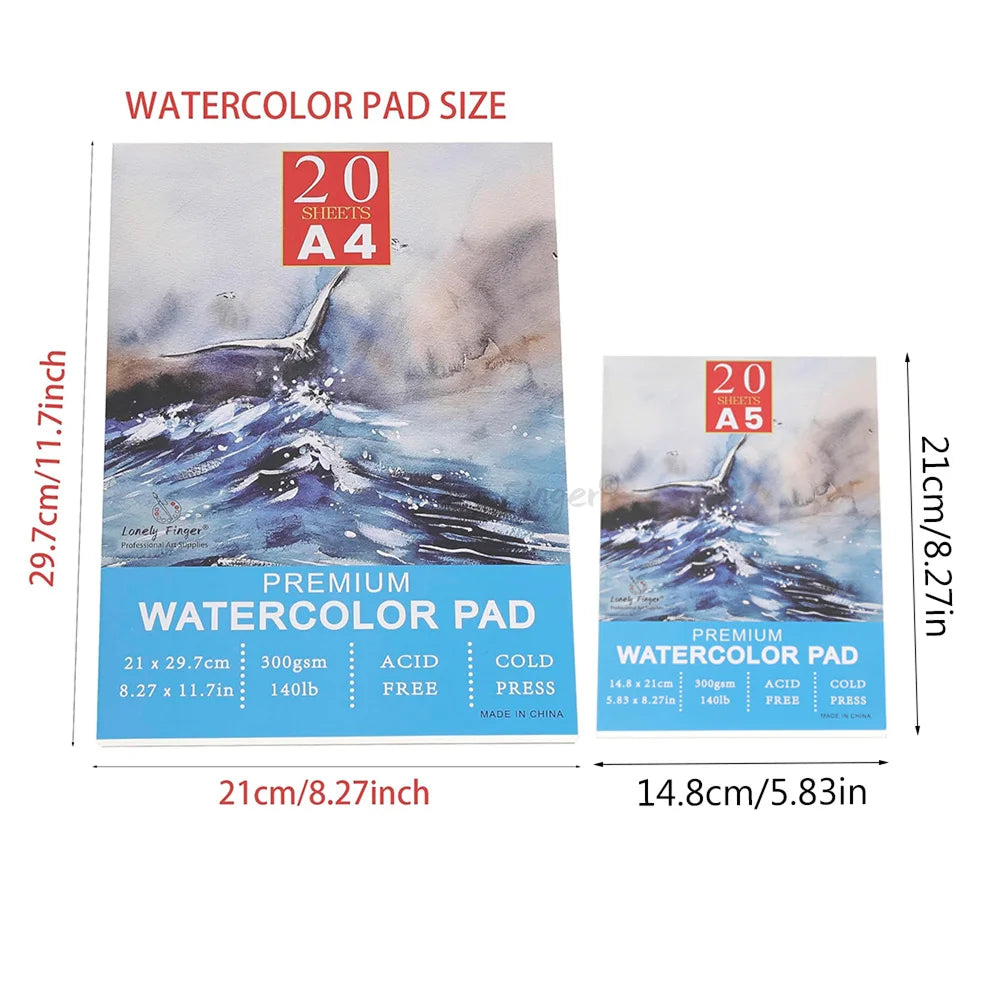 A5/A4/A3 Watercolor Paper Pad, 140lb/300gsm, 20 Sheets, Cold-Pressed, Acid-Free, Artist Painting Paper for Watercolor Painting - Sun Studio