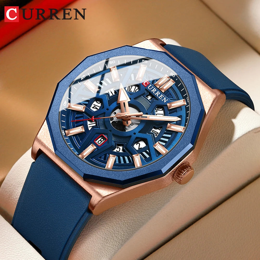 CURREN Fashion Creative Design Watches Men Quartz Silicone Strap Date Wristwatches for Male Clock with Luminous Hands - Sun Studio