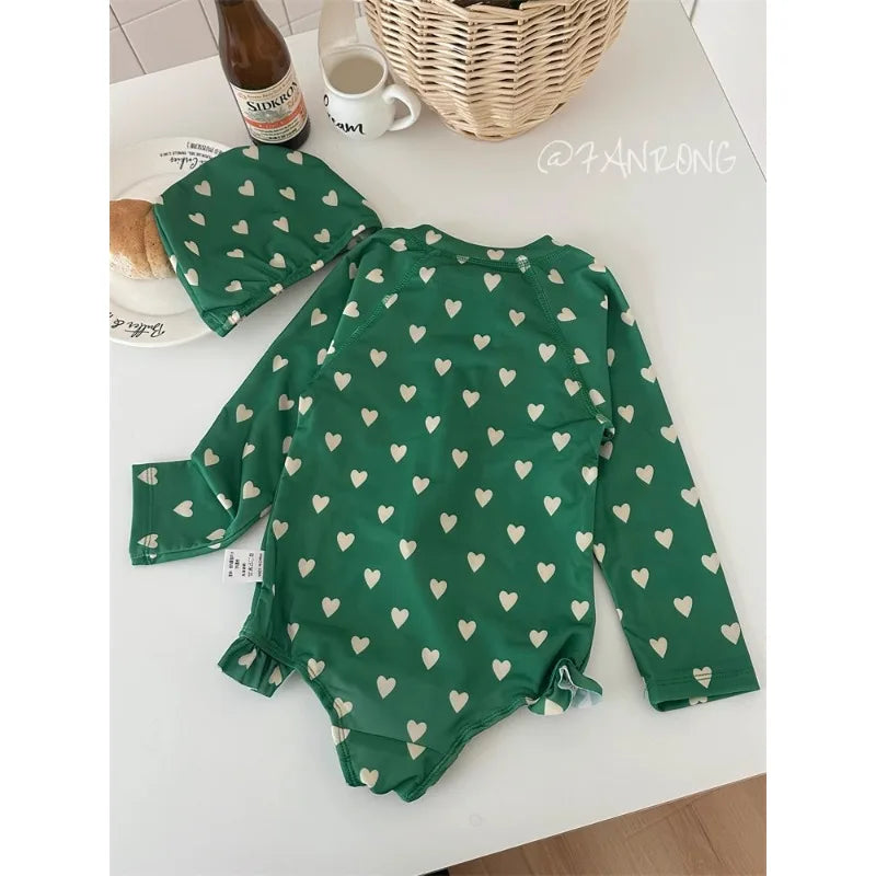 2026 New Girls' Long Sleeve Swimsuit Cute Print Round Neck Zipper One-Pieces Swimwear Child Fuffle Triangle Swimming Suit H042 - Sun Studio