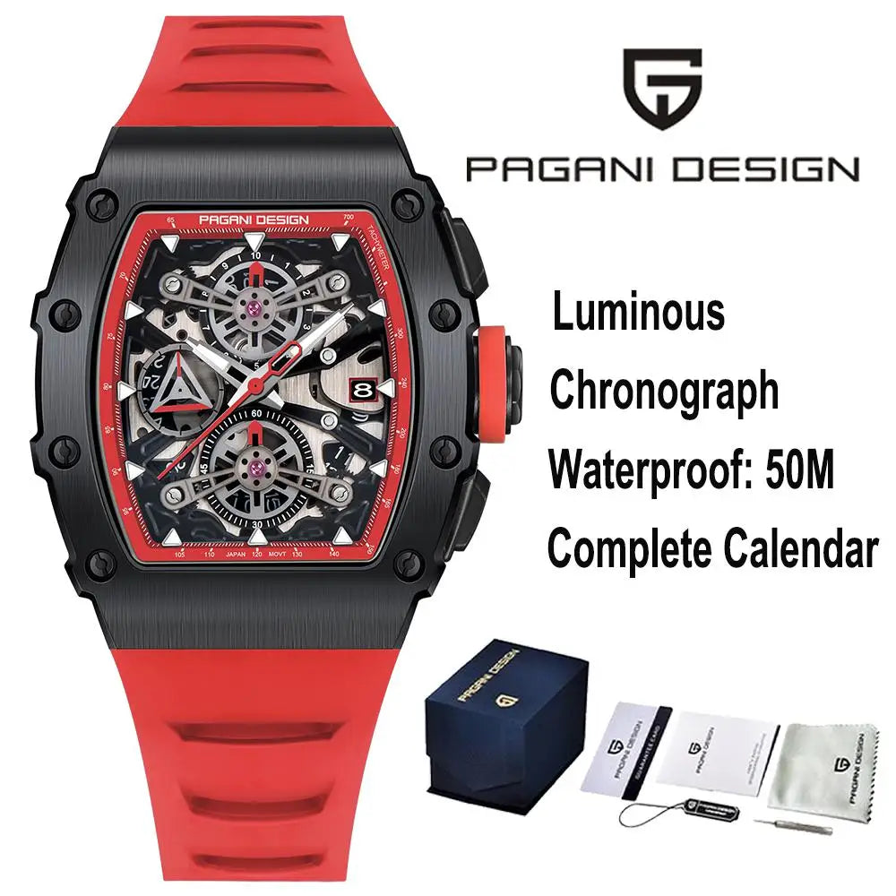 PAGANI DESING Men's Quartz Watches Skeleton Dial 100M Waterproof Sport Rectangle Sapphire glass Watch for Men - Sun Studio