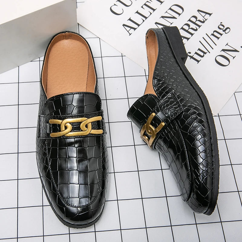 100% Genuine Leather Black Men’s Half Shoes For Men Shoes Mules Casual Designer Shoes Fashion Loafers Luxury Black Slippers 2022 - Sun Studio