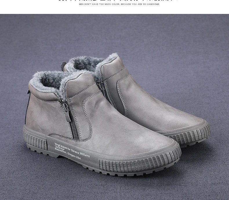 Man Winter Warm Leather Boots Warm Plush Inside High Tops Casual Shoes Slip on Keep Warm Thick Fur Men's Platform Ankle Boots - Sun Studio