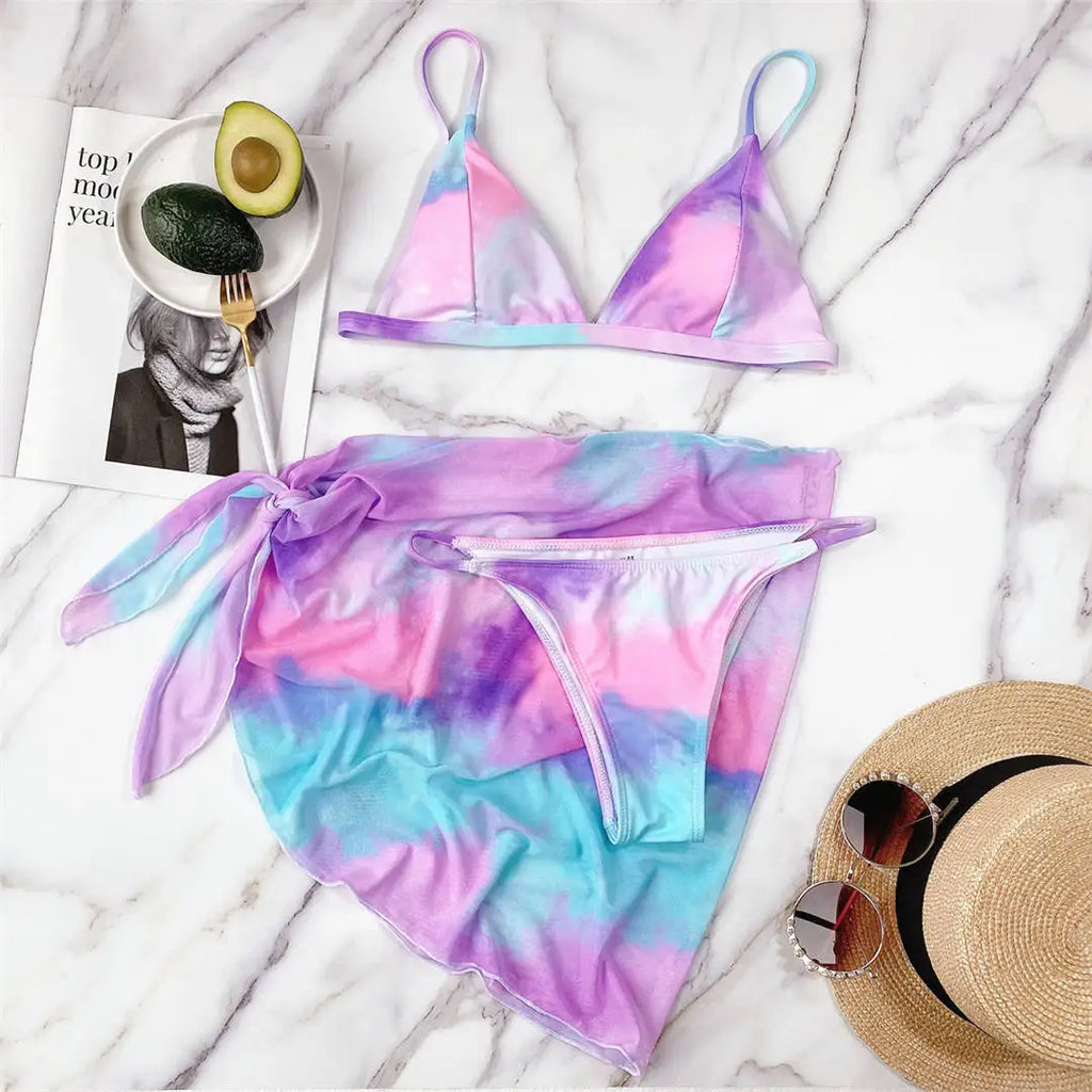 New Sexy Tie Dye With Sarong Bikini Female Swimsuit Women Swimwear Three-pieces Bikini set Bather Bathing Suit Swim Lady V2888 - Sun Studio