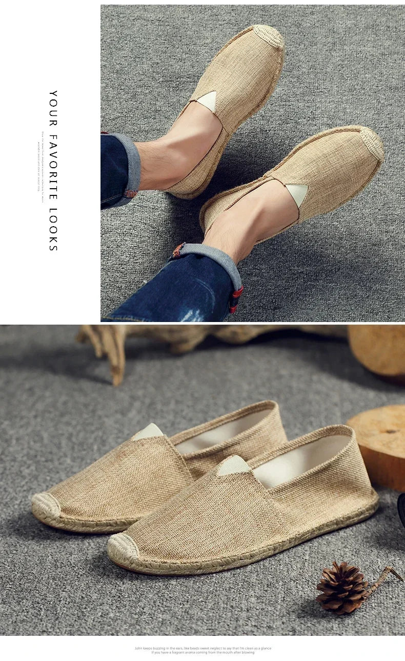 Women Sewing Flax Shoes Slip on Loafers Casual Shoes Man Espadrilles Hemp Canvas Flat Shoes Plus Size Fisherman Driving Footwear - Sun Studio