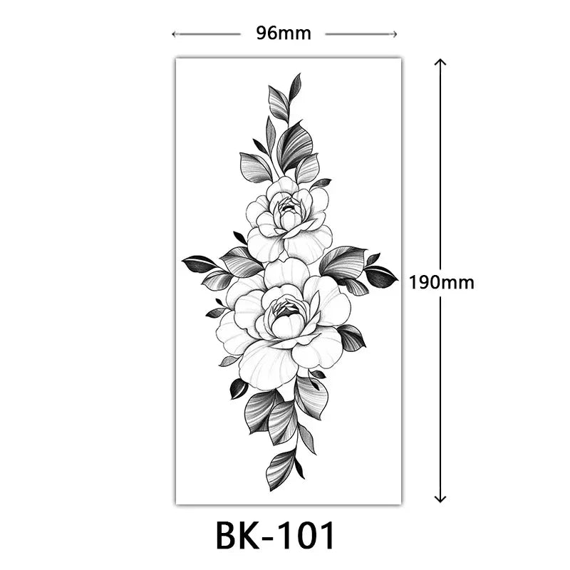 Rose Blossom Tattoo Temporary Waterproof Butterfly Fake Tattoo for Woman Black Flower Sketch Tattoo Sticker