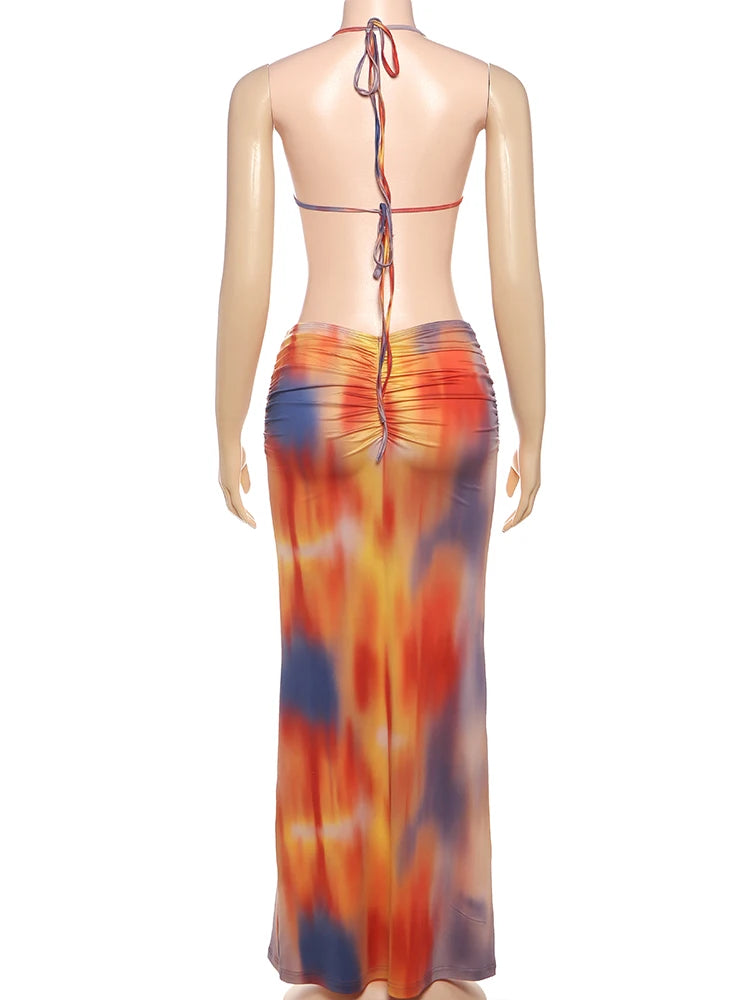 kliou Pearl Splice Stunning Dresses Women Sexy Tie Dye Tassel Bandage Hollow Shirring Maxi Bodycon Lady Vacation Party Vestidos - Sun Studio
