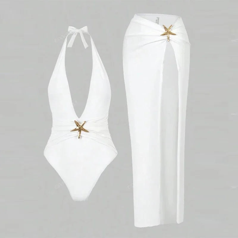 Sexy Halter Starfish Decorative Bikini Set Women 2025 Summer Solid Deep V-neck Swimsuit Side Split Skirt Lady Beach Holiday Suit - Sun Studio