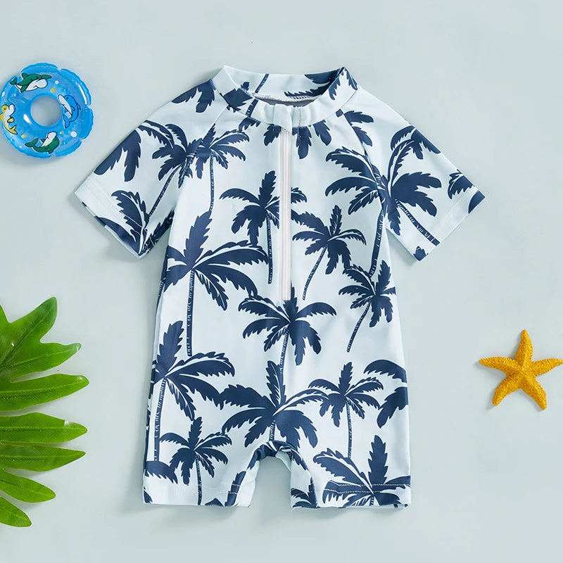 Summer Toddler Infant Baby Boys Girl Rash Guard Swimsuit Coconut Tree Print Short Sleeve Mock Neck Zip Bathing Suit - Sun Studio