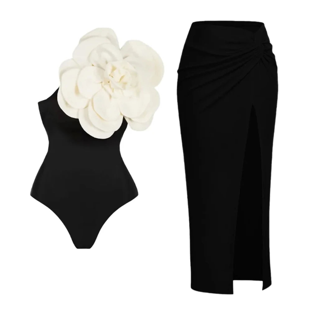2024 Sexy Women's Swimsuit with Skirt One-Piece Swimwear Vintage Ruffle V Neck Cover Up Bikinis Set Beachwear Bathing Suit