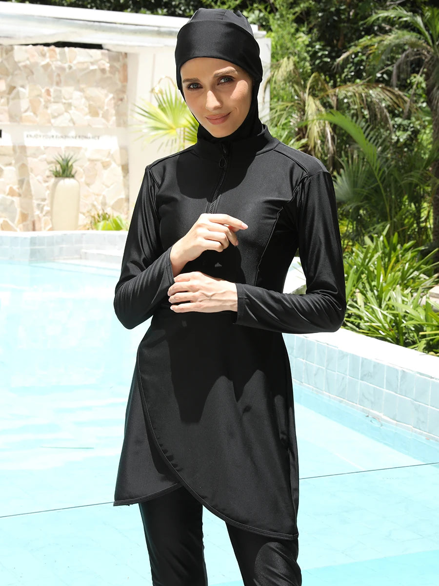 3PCS Black Series Modest Burkini Femmes Muslim Swimsuit Swimwear Summer Beach Women's Swimsuit Lotus Leaf Edge Design - Sun Studio