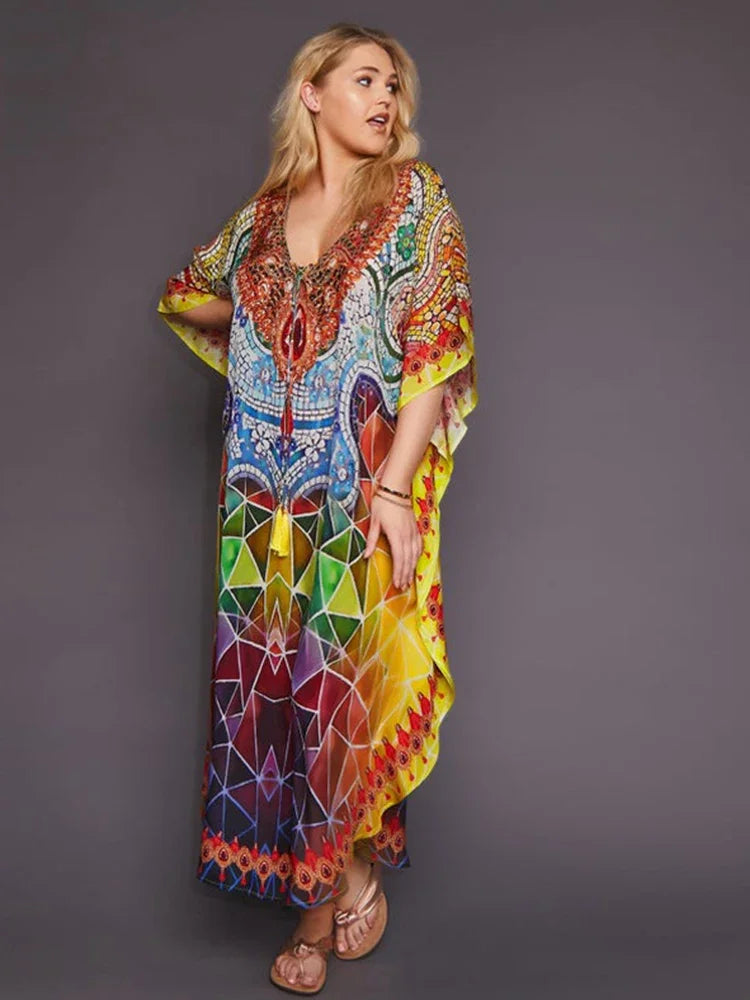 EDOLYNSA Bohemian Printed Women Plus Size vacation kaftan Summer Beach Maxi Dress Beachwear SwimSuit Cover Up beach wear  Q999 - Sun Studio