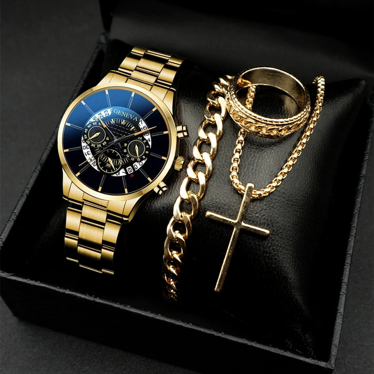 4PCS/Set Fashion Men's Watch Casual Gold Steel Band Analog Male Quartz Watches Jewelry Set（Without Box） - Sun Studio