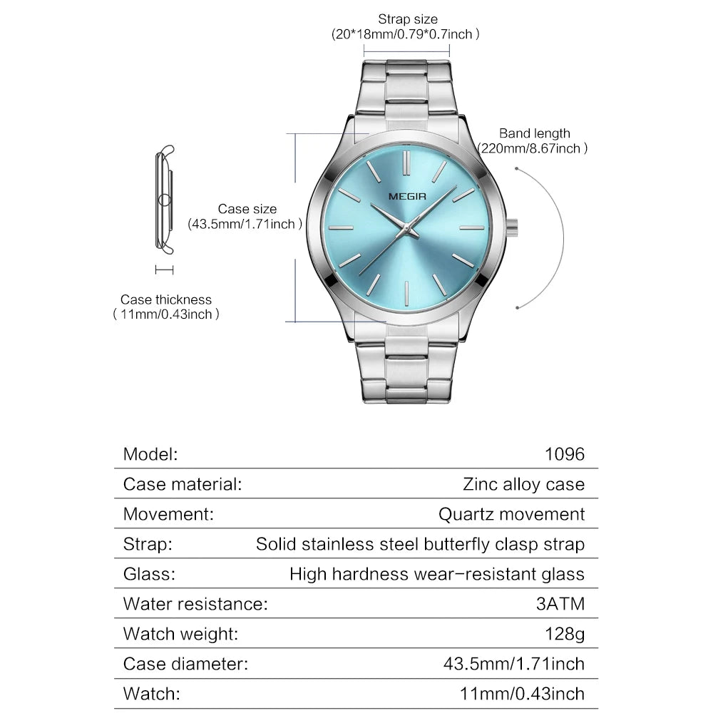 MEGIR Luxury Simple Quartz Men's Watch Business Stainless Steel Bracelet Luminous Watches Man High-Quality Clock reloj hombre - Sun Studio