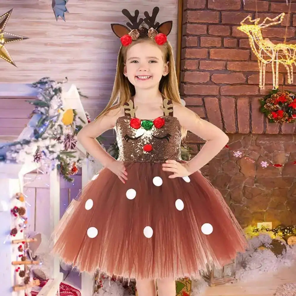 Brown Sequins Deer Costumes for Baby Girls Christmas Princess Dresses Kids Reindeer Outfit Children New Year Clothes Xmas Gift - Sun Studio