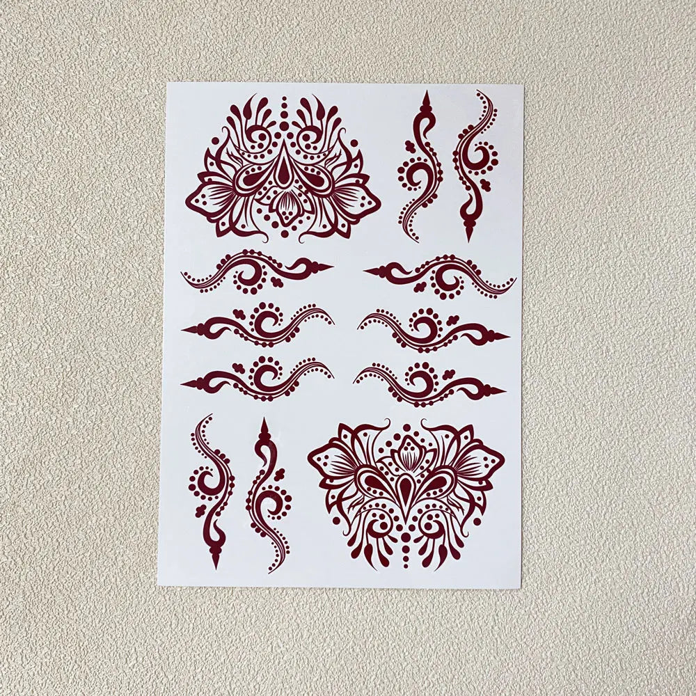 Waterproof Flower Hand Tattoo for Women Maroon Henna Tattoo Stickers for Hand Fingers Body Art Disposable Fake Tattoo Festival - Sun Studio