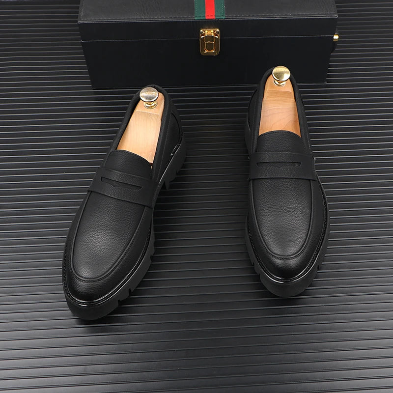men casual genuine leather shoes slip-on driving shoe business wedding formal dress black trendy platform loafers mans footwear - Sun Studio