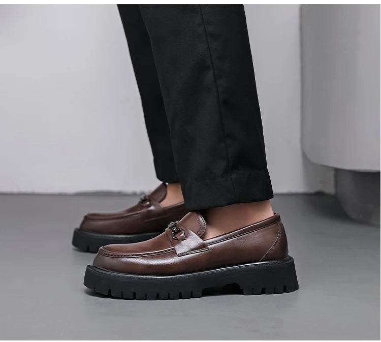 STRONGSHEN Men Leather Shoes Thick-soled British Style Formal Business Shoes Fashion Luxury Slip-On Round Toe Office Casual Shoe - Sun Studio