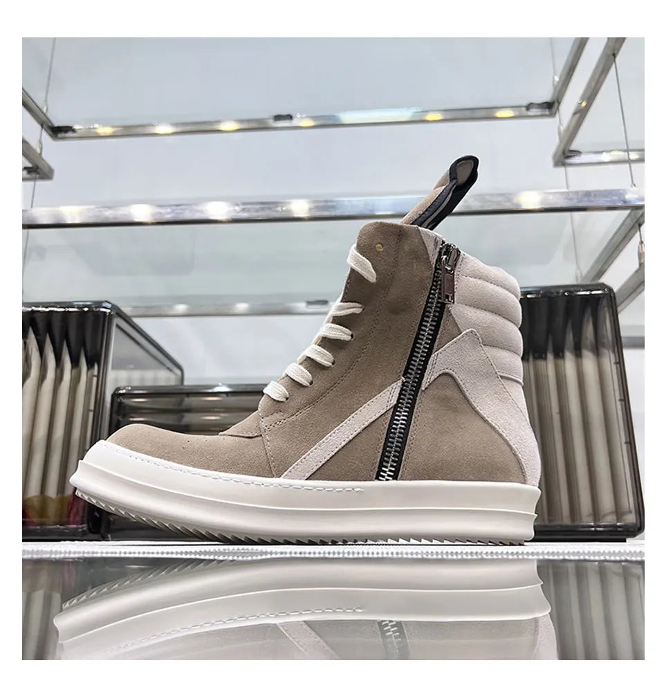 Ro Shoes Men Leather 2025 New Earthy Grey Cow Suede Lace Up Zipper Thick Sole Luxury Geo Women Street Hip-hop Casual Flat Boots - Sun Studio