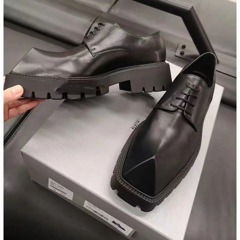 2025 Men's Big Head Leather Niche Design Casual Platform Rhino Horn Square Single Sneakers Derby Shoes - Sun Studio