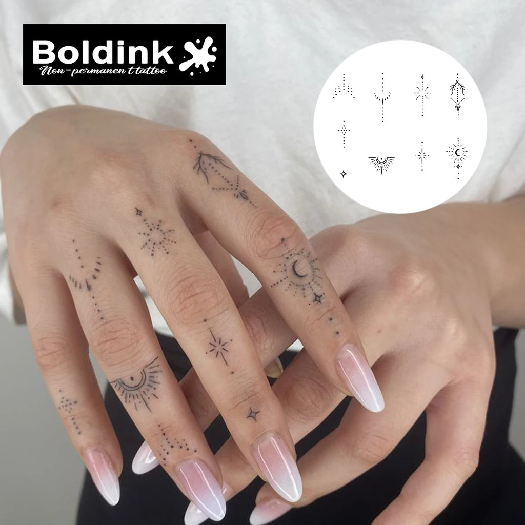 Boldink Delicate Dot-Line Temporary Tattoos, with Star, Moon&Sun Motifs, Waterproof, Mini & Exquisite Finger Stickers - Sun Studio