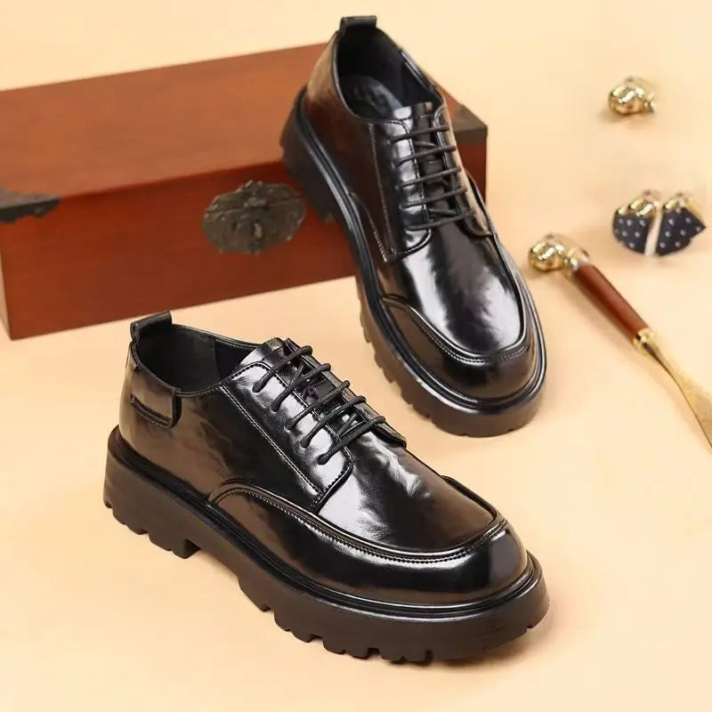Round Toe Height Increasing Thick Sole Black Leather Shoes for Men Low Price High Quality Social Fashion New in Man Casual Shoe - Sun Studio