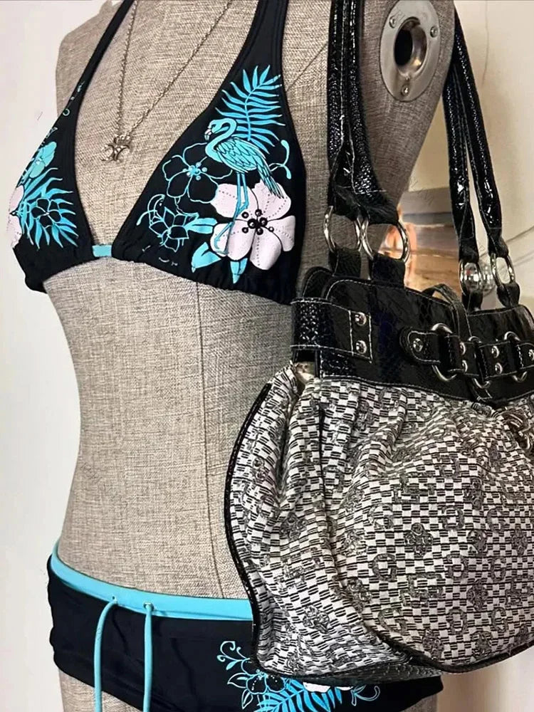 Vintage Flower print Cutie set Bikini 2000s Swimsuit Sexy Women Bathing Fashion Halter Strap Swimwear High Street Beach Female - Sun Studio