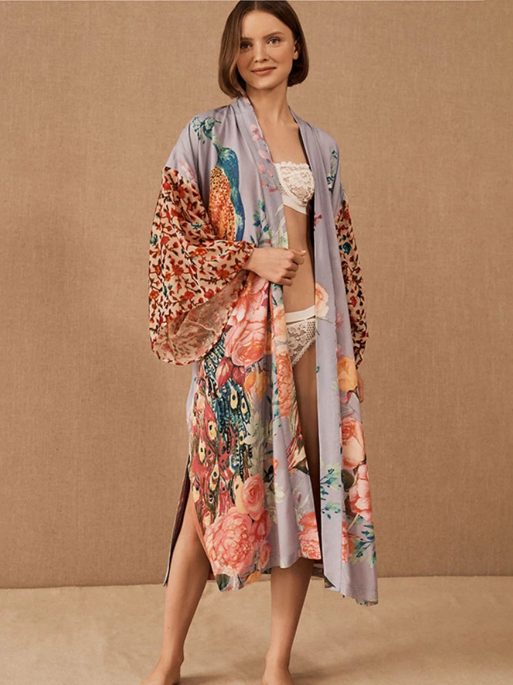 Beach Kimono for Women Peocock Printed Swimsuit Cover Up Self Belted Wrap Dresses Seaside Bathing Suits Beachwear - Sun Studio