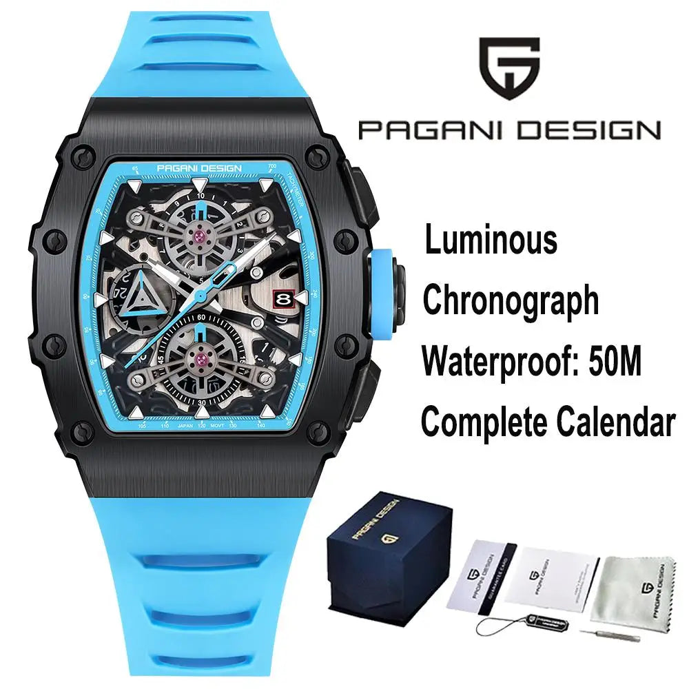 PAGANI DESING Men's Quartz Watches Skeleton Dial 100M Waterproof Sport Rectangle Sapphire glass Watch for Men - Sun Studio