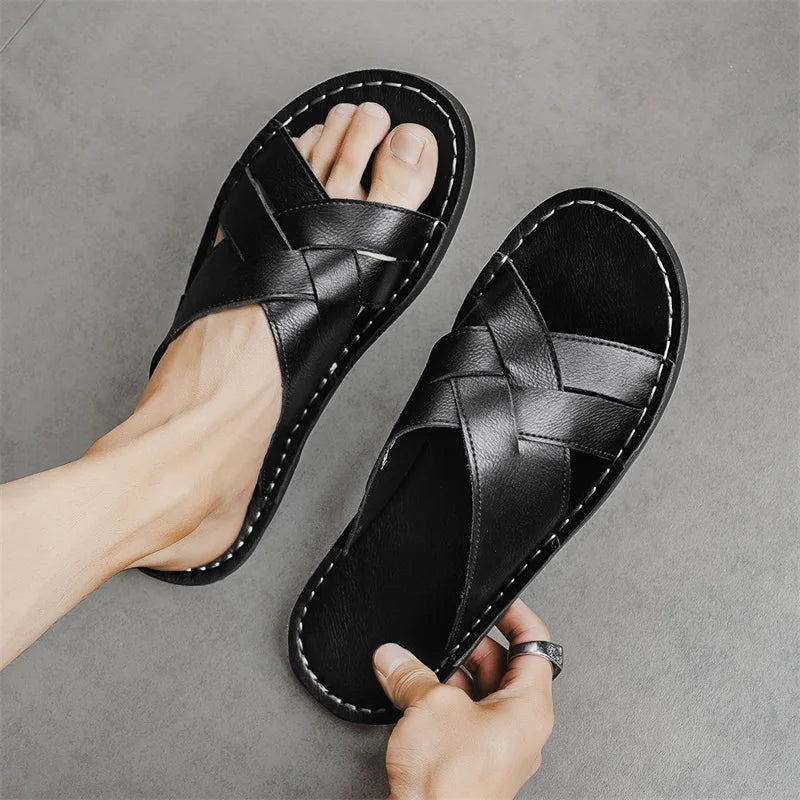 Handmade Leather Slippers for Men 2025 New Beach Summer Walking Shoes Slip on Light Male Flats Men Flip-flops Outdoor Half Drag - Sun Studio