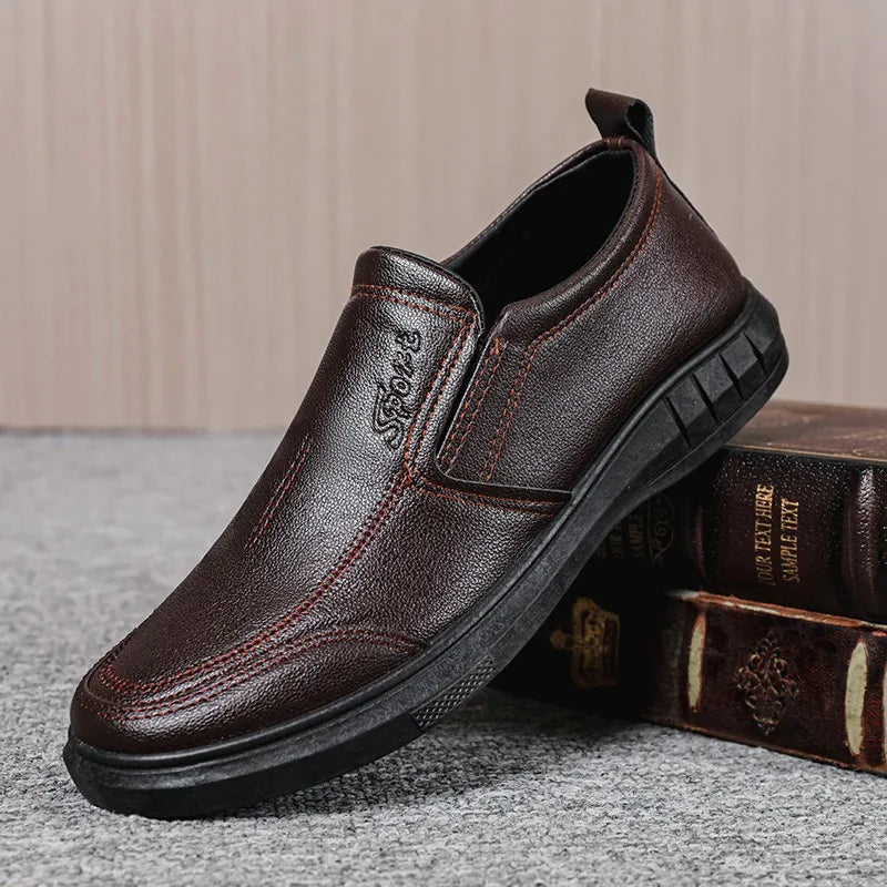 Pure Black Casual Men's Shoes Slip-On Driving Soft Bottom Anti-Slip Leather Shoes Breathable round Toe Flat Heel PVC Outsole - Sun Studio