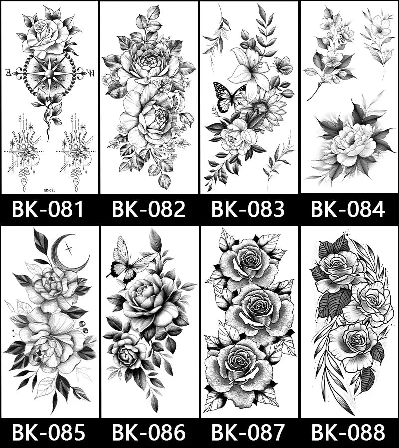 Rose Blossom Tattoo Temporary Waterproof Butterfly Fake Tattoo for Woman Black Flower Sketch Tattoo Sticker - Sun Studio