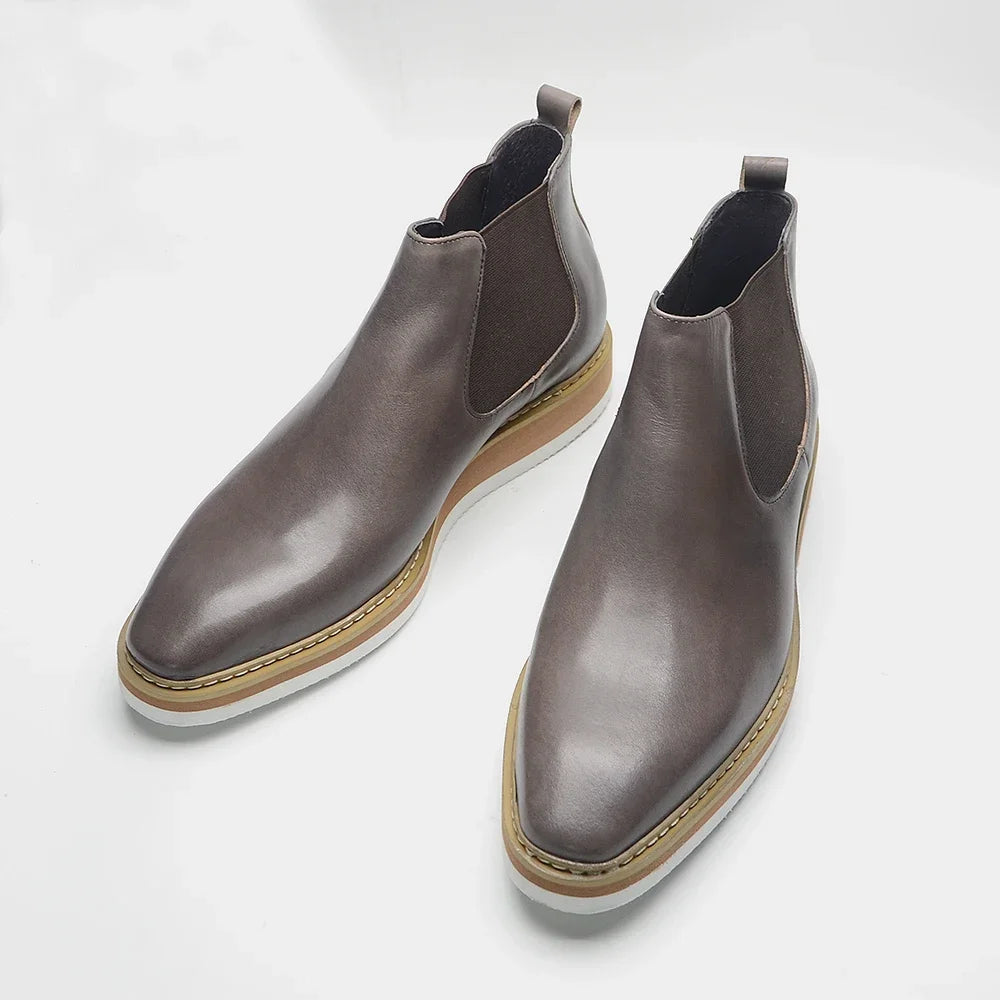 British Style Cow Genuine Leather Men's Chelsea Ankle Boots Slip-on Elastic Band High Top Sneakers Casual Dress Boot for Men - Sun Studio