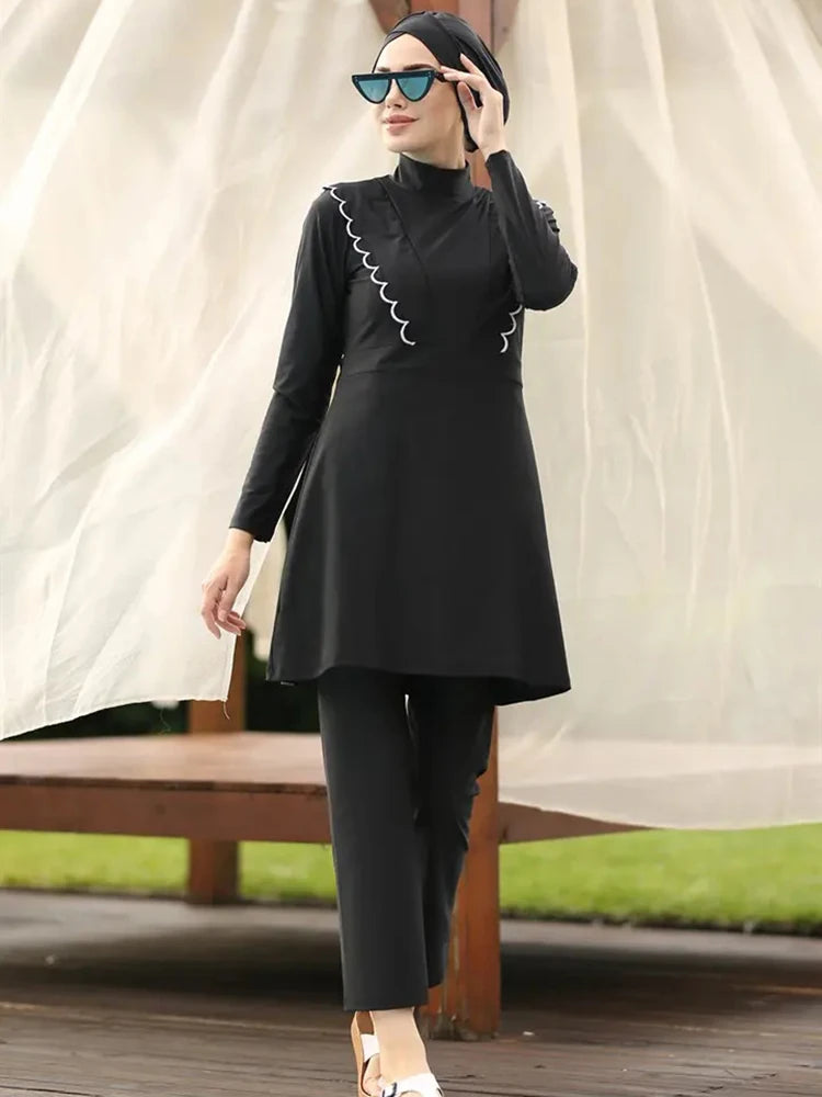 3PCS Black Series Modest Burkini Femmes Muslim Swimsuit Swimwear Summer Beach Women's Swimsuit Lotus Leaf Edge Design - Sun Studio