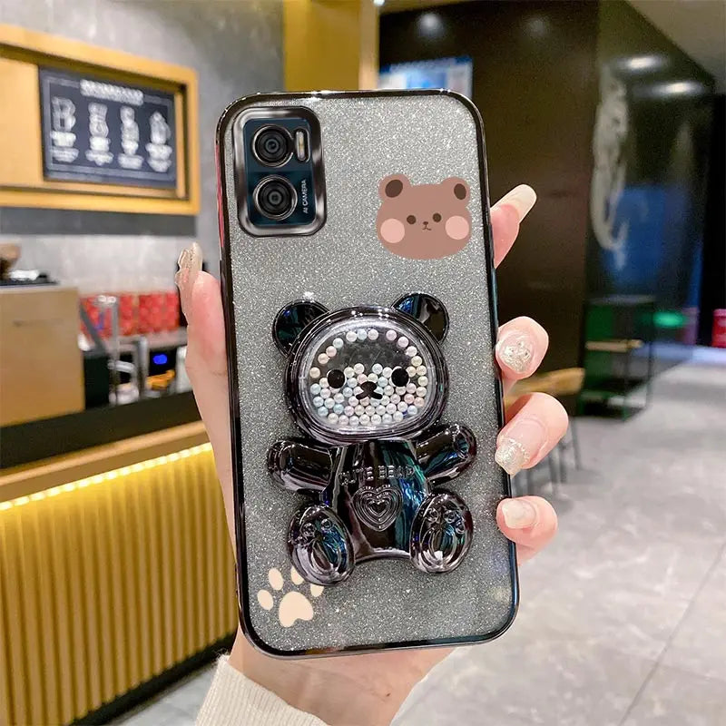 E 7 E 13 Glitter Bling Bear Phone Holder Case On For Motorola Moto E7 Plus Power E13 E20 E22 E22i E32 EDGE 20 30 Stand Cover - Sun Studio