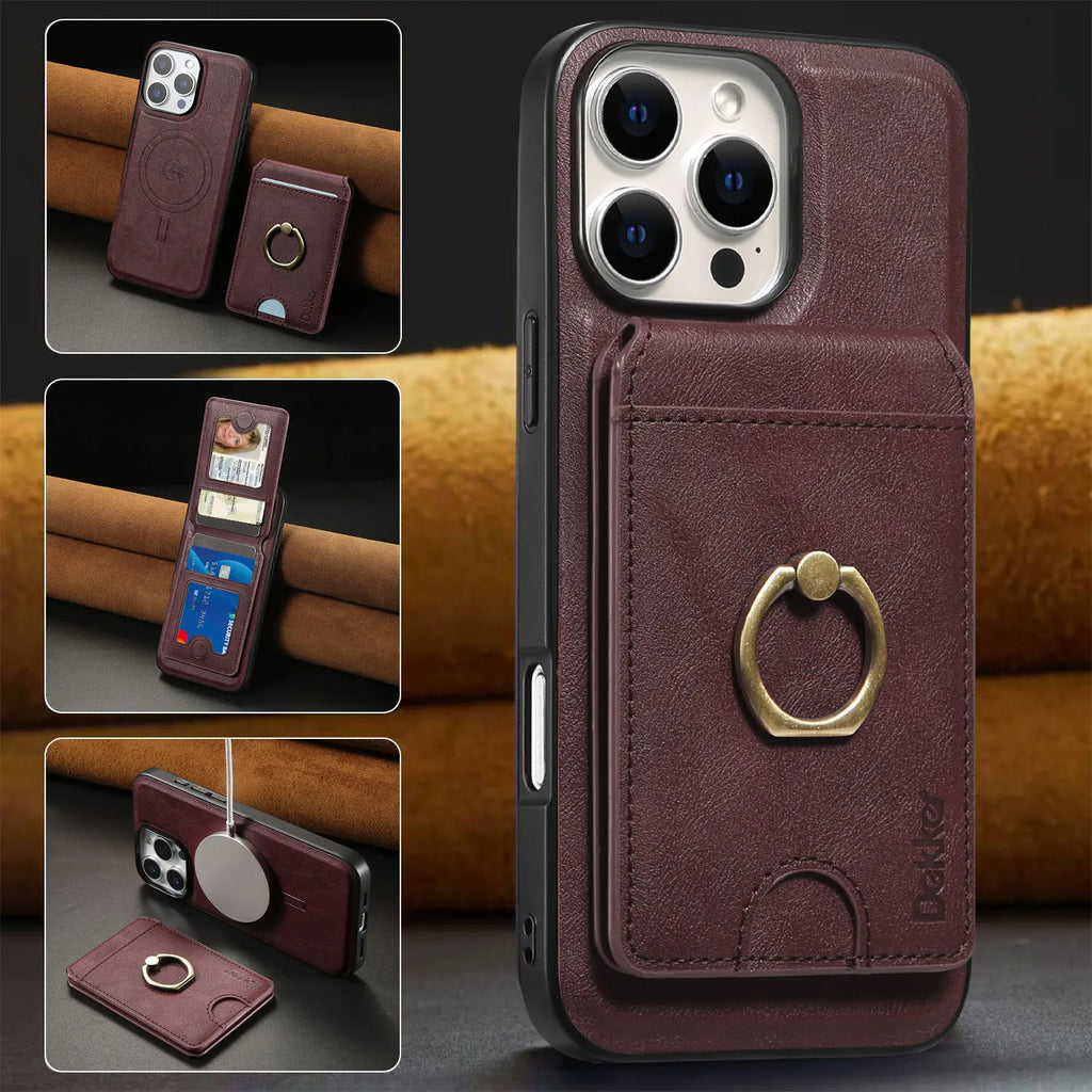 2 in 1 Detachable Vertical Cards Solt Ring Holder Wallet Leather Case For iPhone 16 Pro Max 15 Plus 14 13 12 Magnetic Bag Cover - Sun Studio