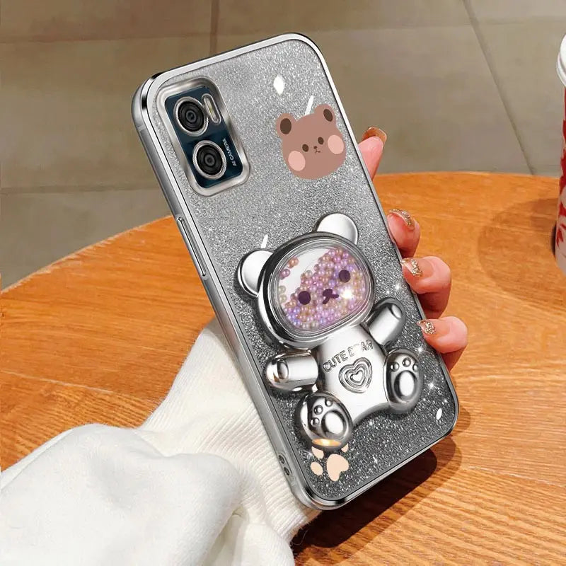 E 7 E 13 Glitter Bling Bear Phone Holder Case On For Motorola Moto E7 Plus Power E13 E20 E22 E22i E32 EDGE 20 30 Stand Cover - Sun Studio