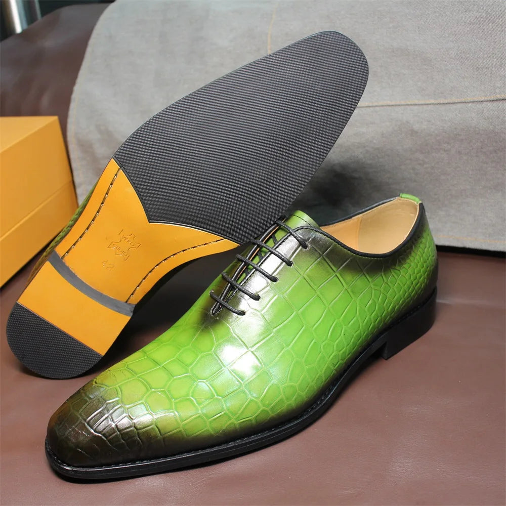 FELIX CHU Men's Genuine Cow Leather Shoes Crocodile Print Business Green Dress Shoes Formal Wedding Footwear for Spring Autumn - Sun Studio