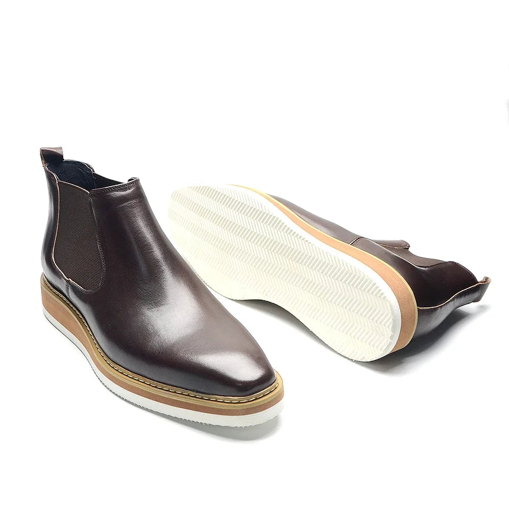 British Style Cow Genuine Leather Men's Chelsea Ankle Boots Slip-on Elastic Band High Top Sneakers Casual Dress Boot for Men - Sun Studio