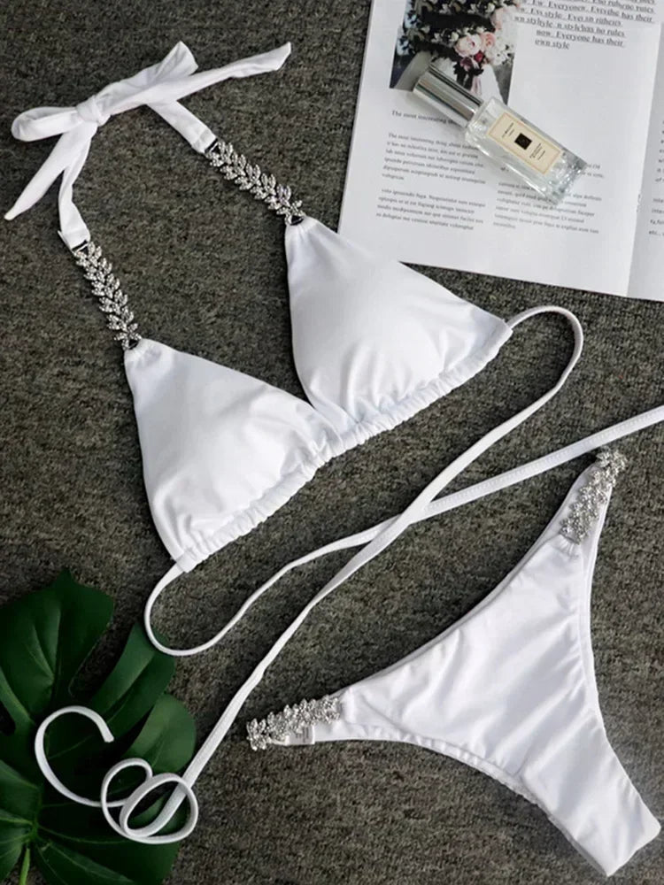 Halter Rhinestone Diamond Bikini Women Swimsuit Female Bikinis Metal Chain Swimwear Two Pieces Bikini Set Bathing Suit Swim Lady - Sun Studio