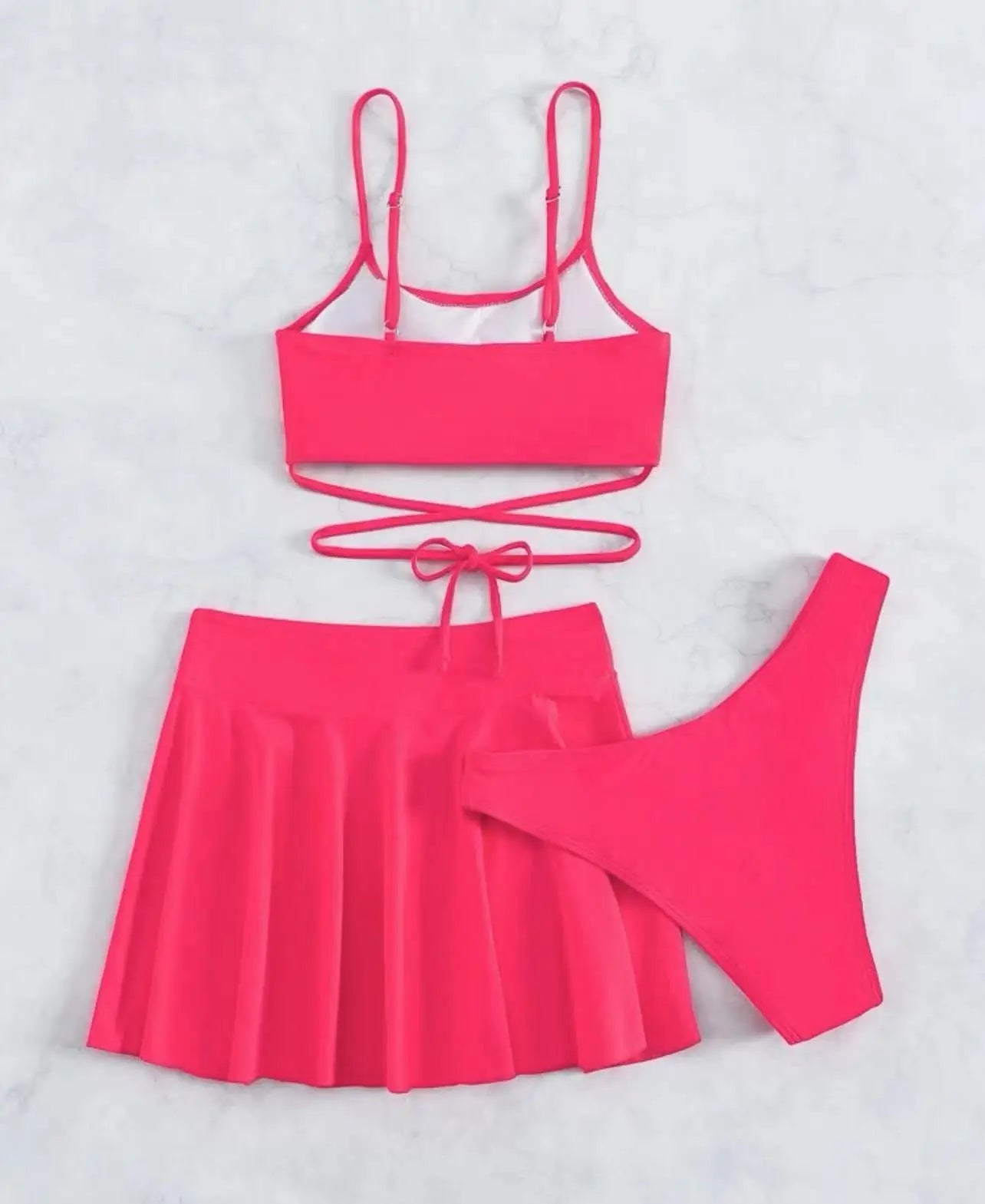 3 Pieces Crisscross Tie Back Bikini & Short Skirt Swimsuit 2026 Women Solid Swimwear Beach Wear Female Bathing Suit Swim Summer - Sun Studio